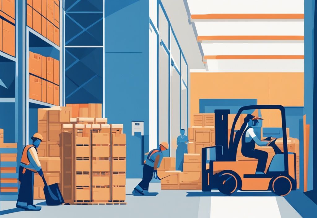 Moderne geometrische Illustration eines geschäftigen Lagers mit blauer Farbgebung, in dem Arbeiter Waren verwalten, ein Gabelstapler Kisten bewegt und ein Aufseher mit Klemmbrett die Operation überwacht.