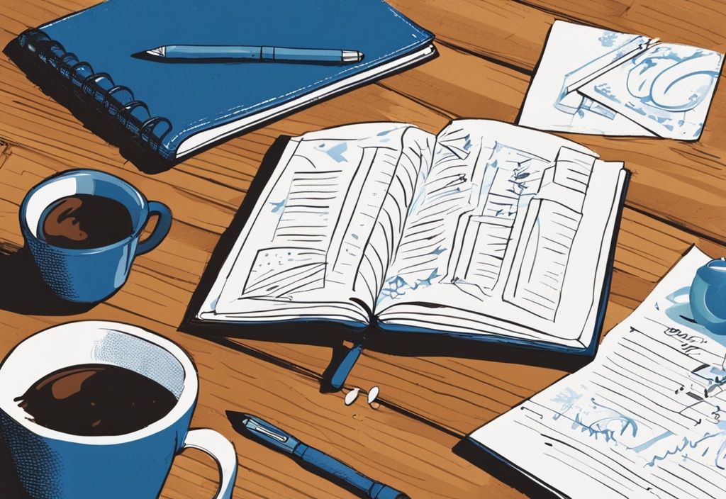 Moderne geometrische Illustration in Blau: Offenes Notizbuch mit handschriftlichen Einträgen, Tintenstift auf der Seite, dampfende Kaffeetasse auf rustikalem Holztisch.