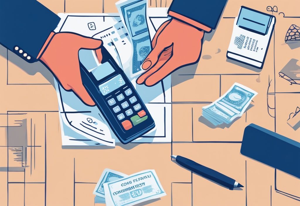 Moderne geometrische Illustration mit blauem Farbthema: Hände tauschen eine Barzahlung und eine gedruckte Quittung bei Barzahlung auf einem Holztisch aus.