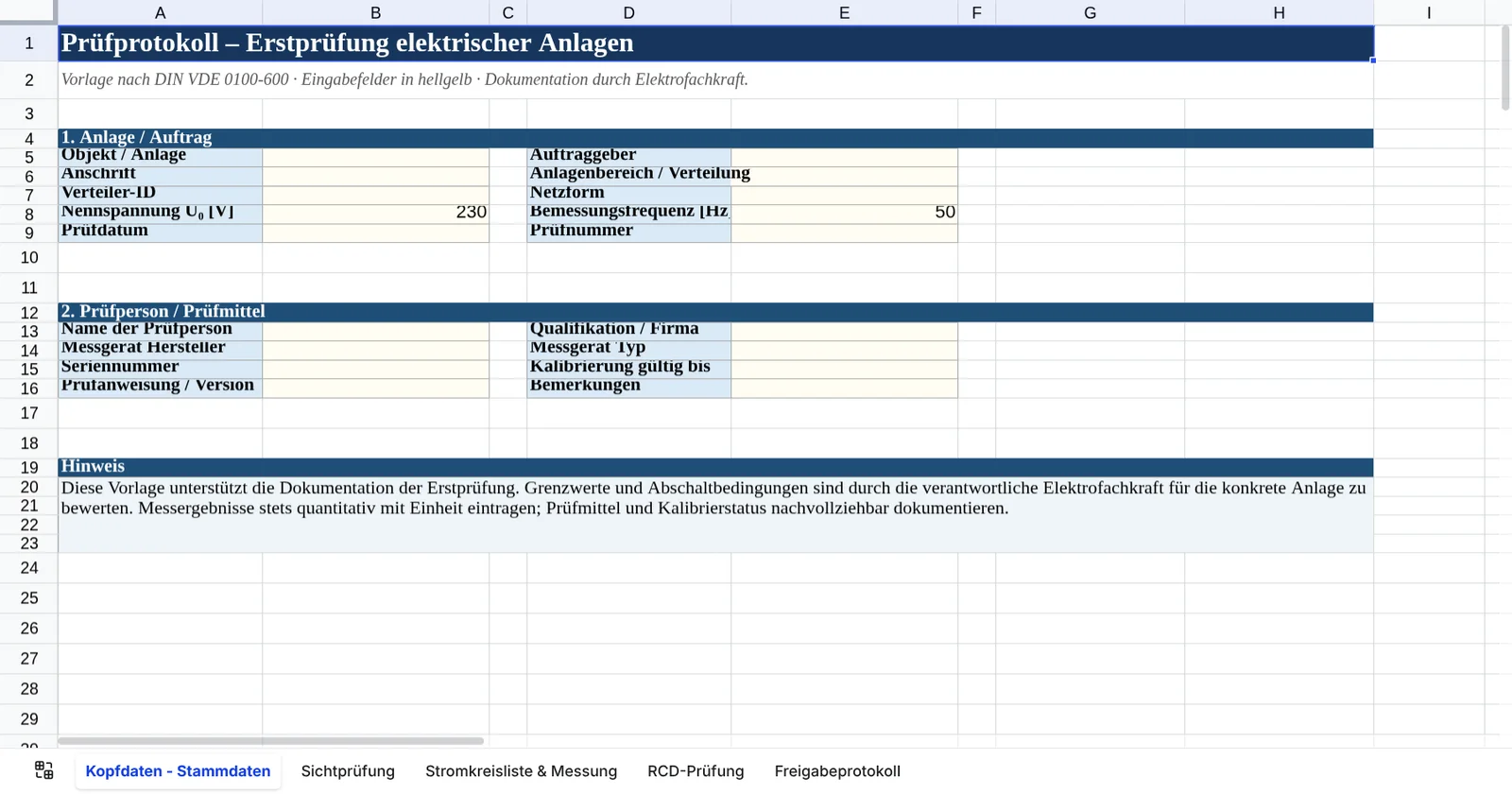 Vorschau von VDE_0100_600_Pruefprotokoll_Excel_Vorlage.xlsx