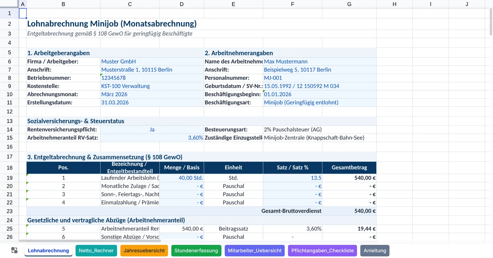 Vorschau von Lohnabrechnung_Minijob_Muster.xlsx