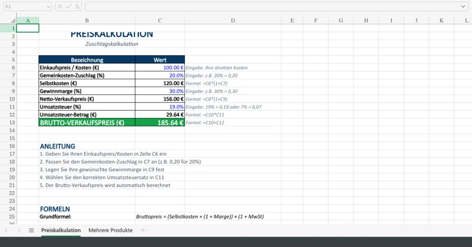 Vorschau von Preiskalkulation_Excel_Vorlage.xlsx